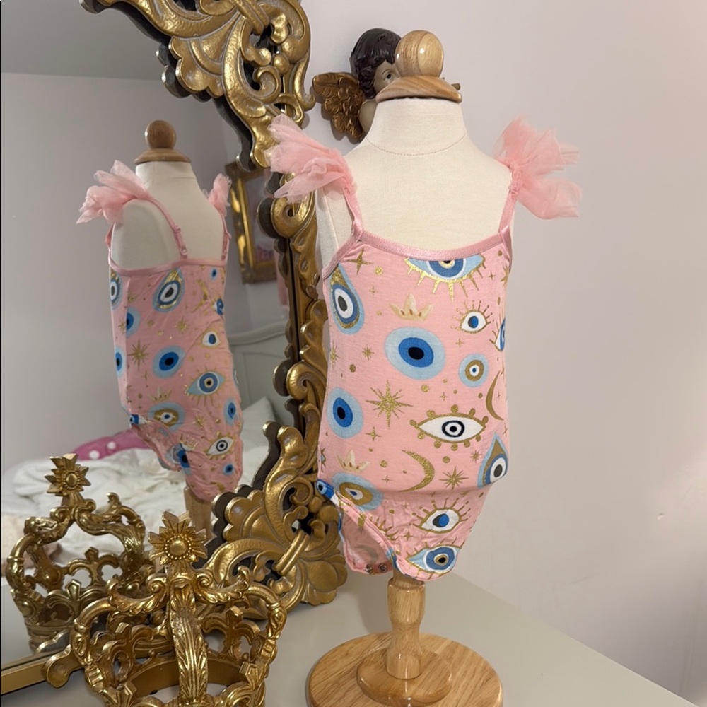 Pink Eye Print Romper with Tulle Straps